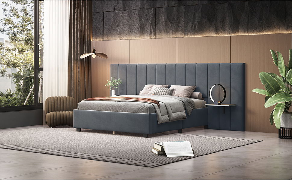 Queen Size Upholstered Platform Bed With Big Headboard - Gray