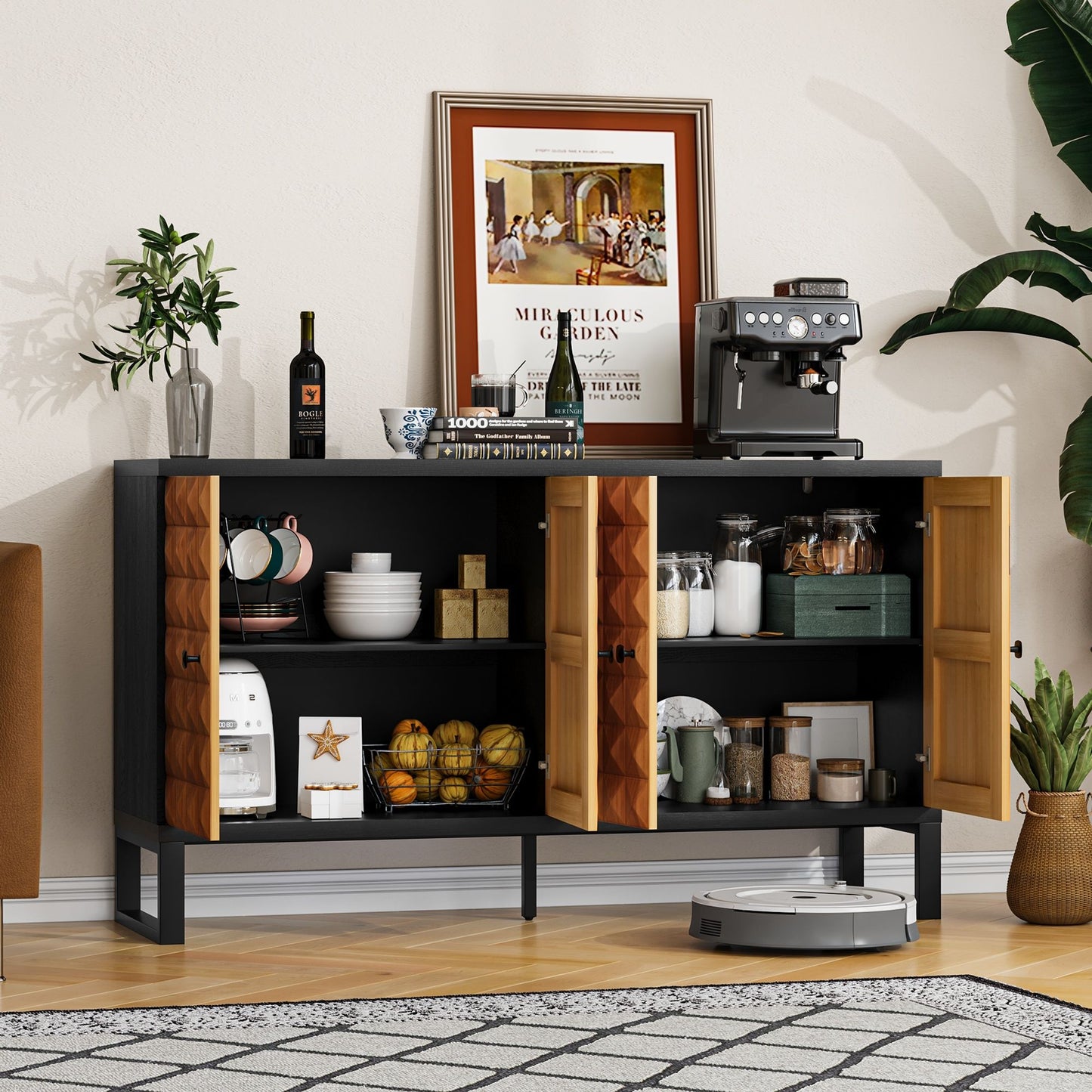 Modern Buffet Cabinet With Storage Space, Retro Style 4 Door Wooden Storage Cabinet, Multifunctional Decorative Cabinet With Geometric Patterns, Suitable For Living Room, Dining Room, Entrance - Orange / Yellow