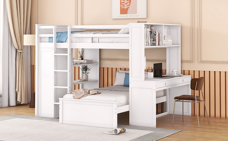 Full Size Loft Bed With A Twin Size Stand Alone Bed, Shelves, Desk, And Wardrobe - White
