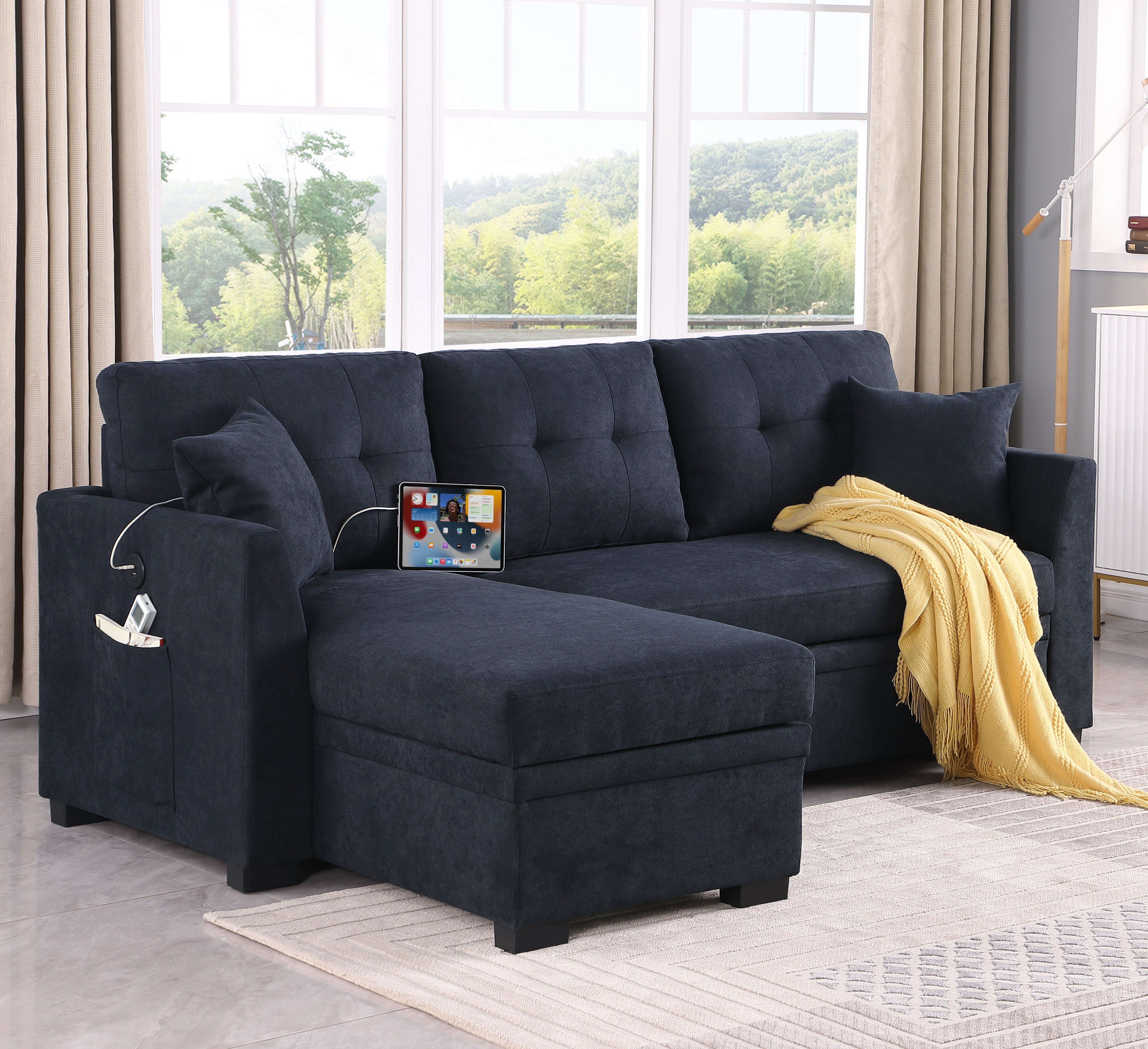 Sectional Sofa Bed L Shaped Sofa Couch Bed With USB Port, Reversible Sofa Sleeper With Pull Out Bed, Chaise With Storage, Pull Out Couch For Living Room - Black