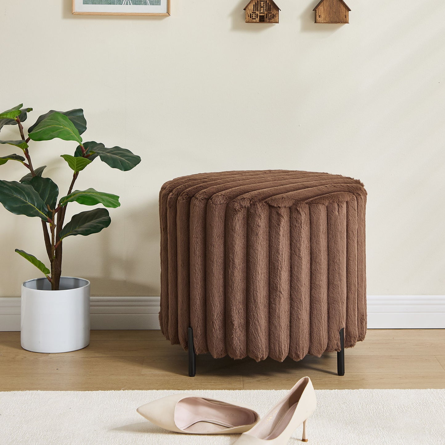 Upholstered Round Pouf Ottoman Foot Rest With Black Metal Legs - Brown