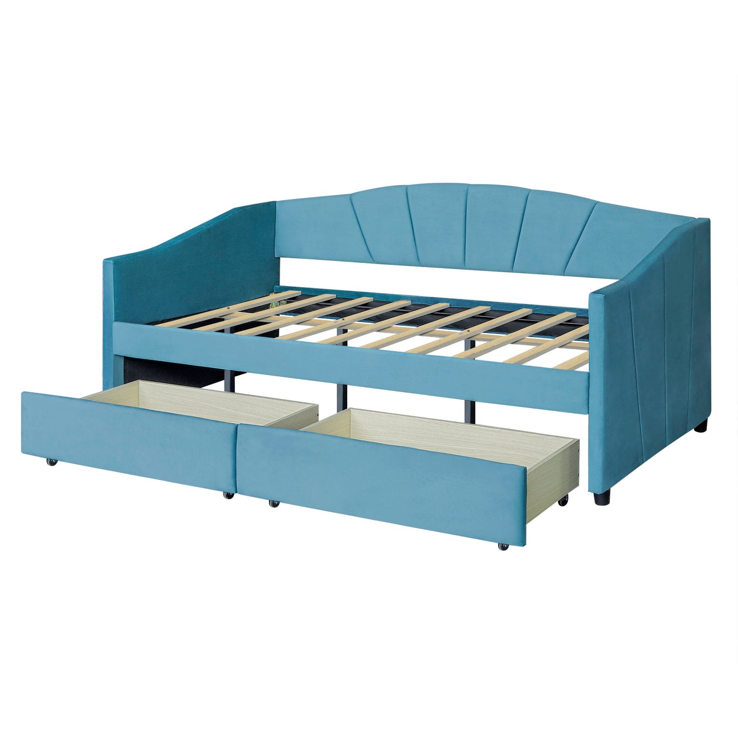 Twin Size Upholstered Daybed With Two Drawers And Slat - Blue