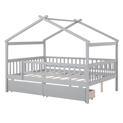 Full Size House Bed With 2 Drawers - Gray