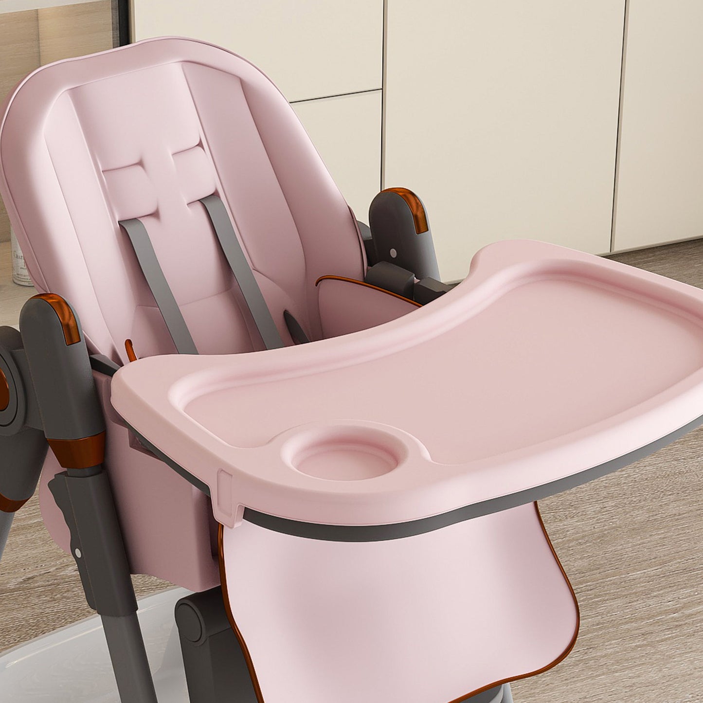 Adjustable Baby High Chair 0 - 6 Years, Portable Infant Feeding Seat With Safety Belt, Silent Lockable Wheels - Pink