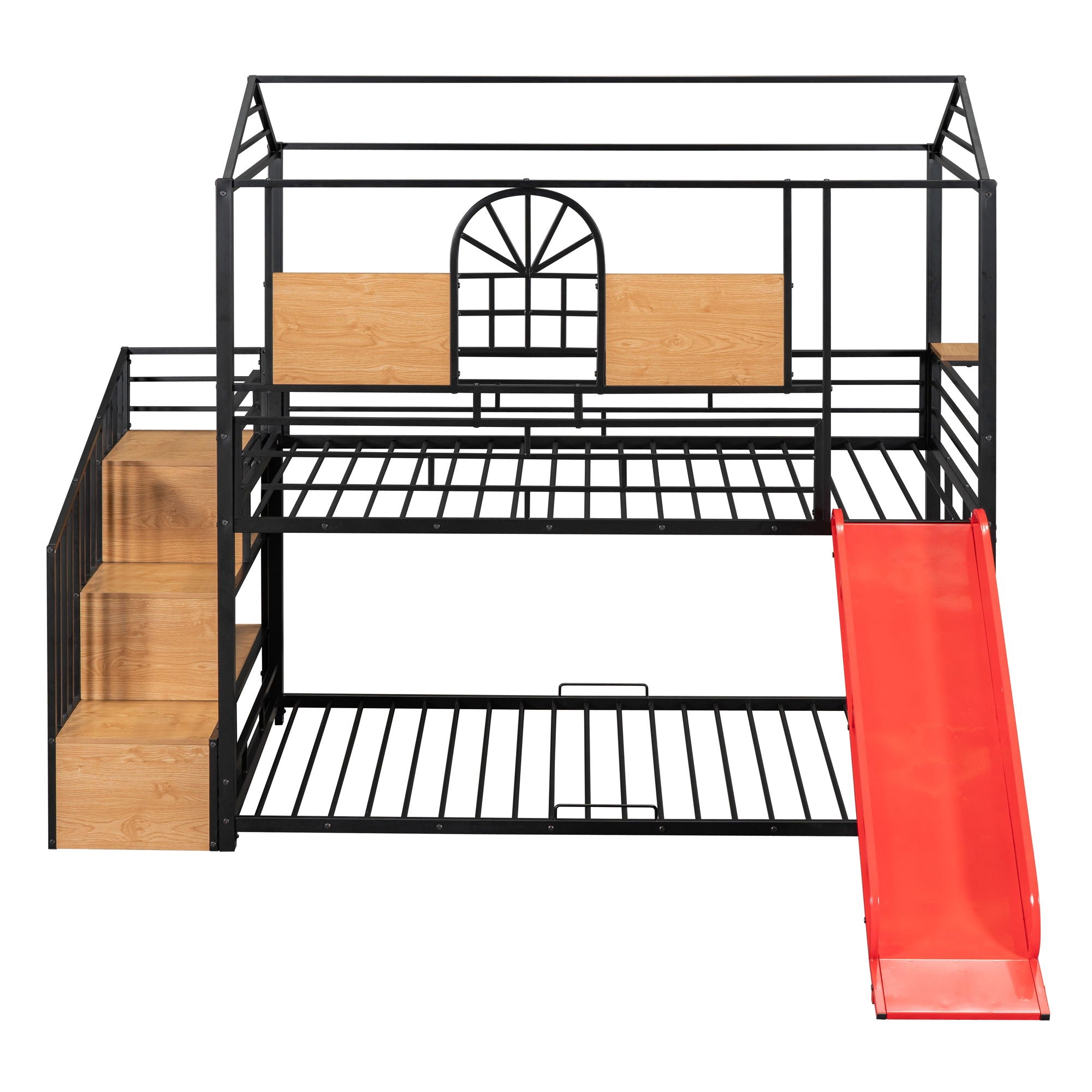 Twin Over Twin Bunk Bed, Housebed With Slide And Storage Stair - Black / Red