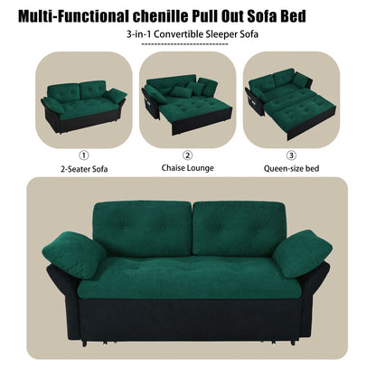 Modern Convertible Sleeper Sofa Bed With Pull Out Queen Design, Side Storage & Thick Cushions Chenille Loveseat For Living Room Or Bedroom 3 In 1 Function - Green