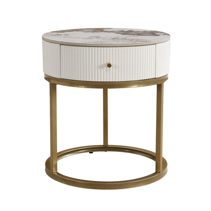 Modern Nightstand With Drawer, Marble Round End Table - White