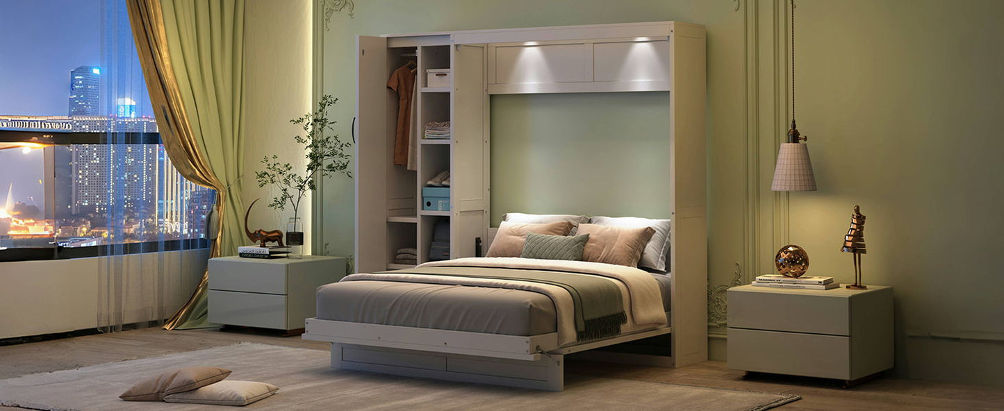 Full Size Murphy Wall Bed With Shelves, Wardrobe And LED Lights - White