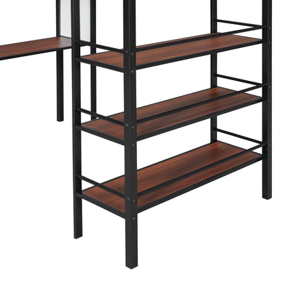 Twin Size Loft Bed With 3 Layers Of Shelves And Desk, Stylish Frame Bed - Black