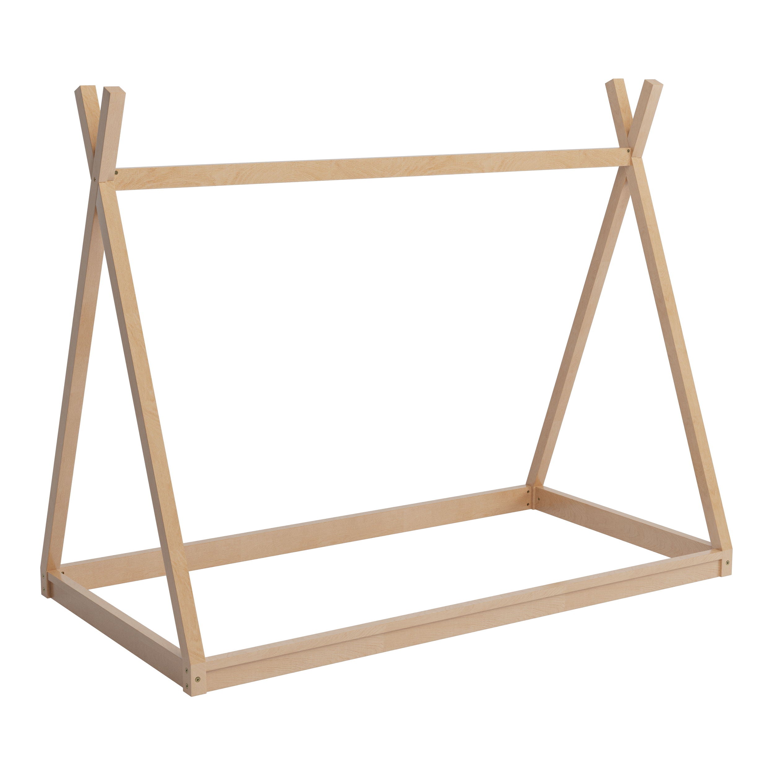 Wood Twin Size Tent Bed For Kids, Montessori Style Low - Floor Bed, House-Shape Tent Bed Frame For Boys Girls Teens, Without Slats - Natural