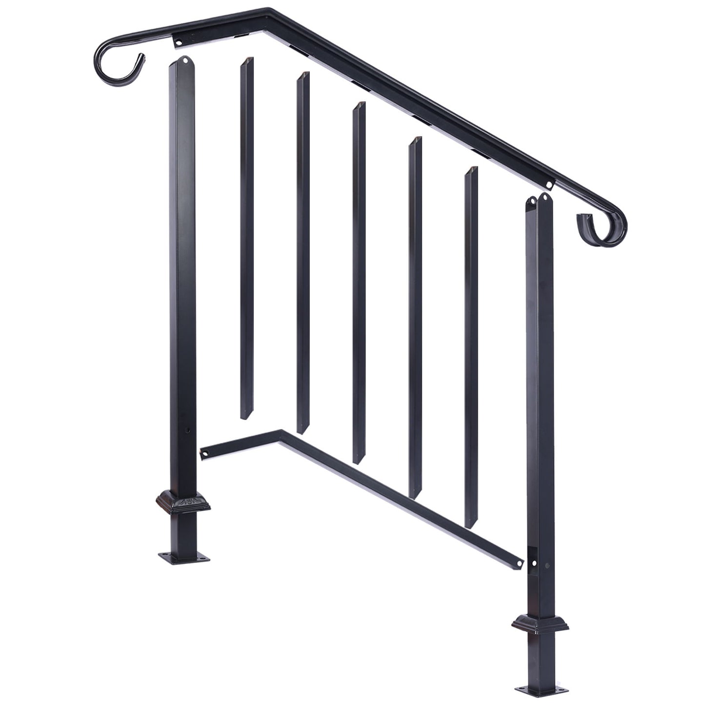 Handrails For Outdoor Steps, Fit 2 Or 3 Steps Outdoor Stair Railing, Picket#2 Wrought Iron Handrail, Flexible Porch Railing, Transitional Handrails For Concrete Steps Or Wooden Stairs - Black