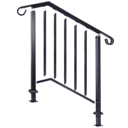 Handrails For Outdoor Steps, Fit 2 Or 3 Steps Outdoor Stair Railing, Picket#2 Wrought Iron Handrail, Flexible Porch Railing, Transitional Handrails For Concrete Steps Or Wooden Stairs - Black