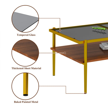 Rectangle Coffee Table With Tempered Glass Top, Modern Table For Living Room - Gray / Gold