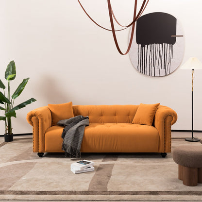 Retro Medieval Style Sofa With Roll Arms And Throw Pillows - Orange