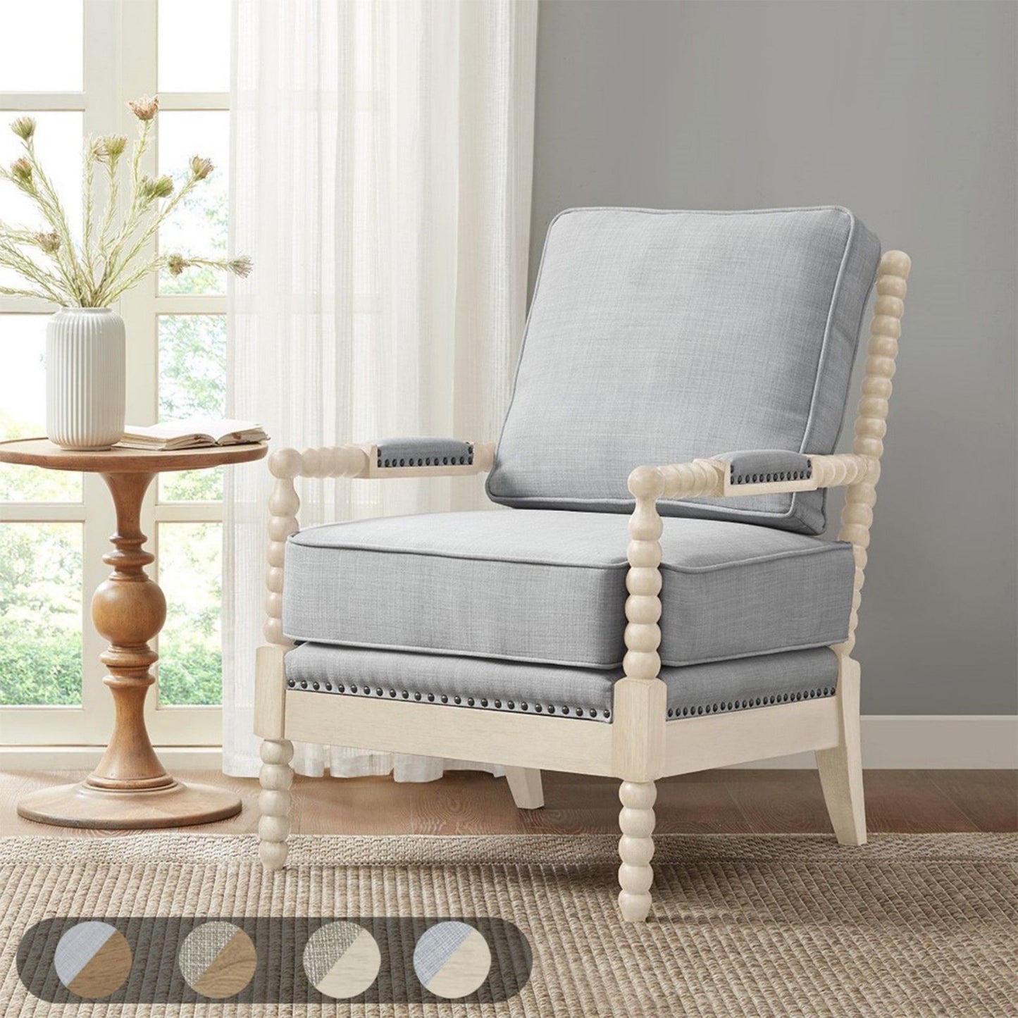 Arm Chair With Open Back Spindle Design - Ivory / Gray