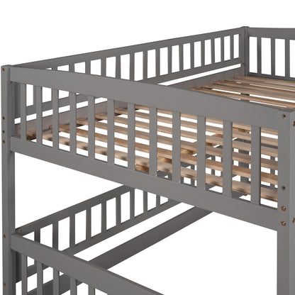 Full Over Full Low Bunk Bed With Slide, Fence And Ladder - Gray