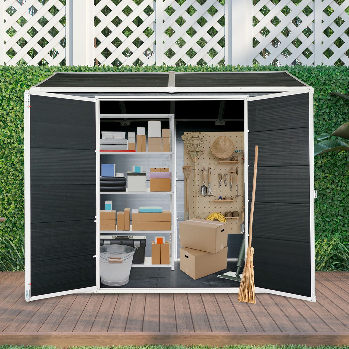 Resin Outdoor Storage Shed With Two-Window And Floor - Black