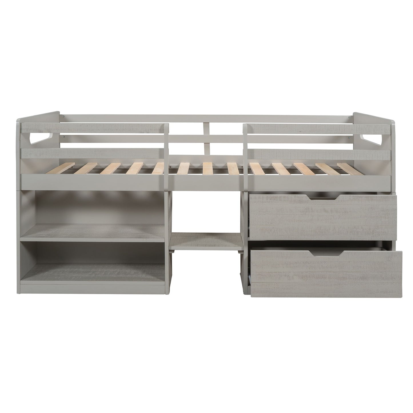 Twin Size Loft Bed With Two Shelves And Two Drawers - Antique Gray