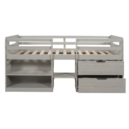 Twin Size Loft Bed With Two Shelves And Two Drawers - Antique Gray