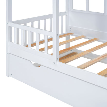 Twin Size House Bed With Twin Size Trundle, Daybed - White