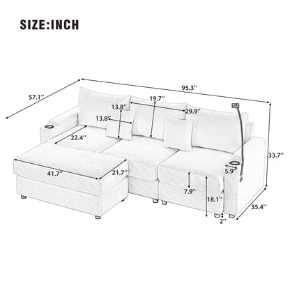 Modern Style 3 Seater Sofa Sectional Sofa Couch With Storage Space, A Movable Ottoman, Two USB Ports, Two Cup Holders, A Phone Holder For Living Room - Beige