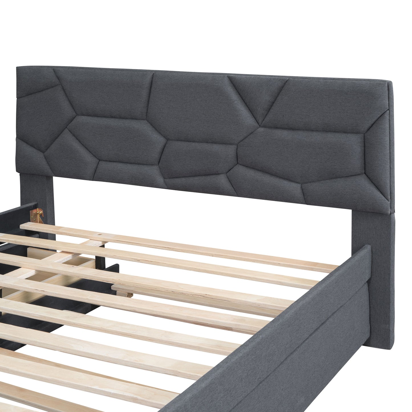 Full Size Upholstered Platform Bed With Brick Pattern Headboard, With Twin Size Trundle And 2 Drawers - Gray