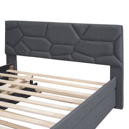 Full Size Upholstered Platform Bed With Brick Pattern Headboard, With Twin Size Trundle And 2 Drawers - Gray