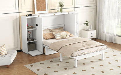 Queen Size Murphy Bed With Shelves, Drawers And USB Ports - White