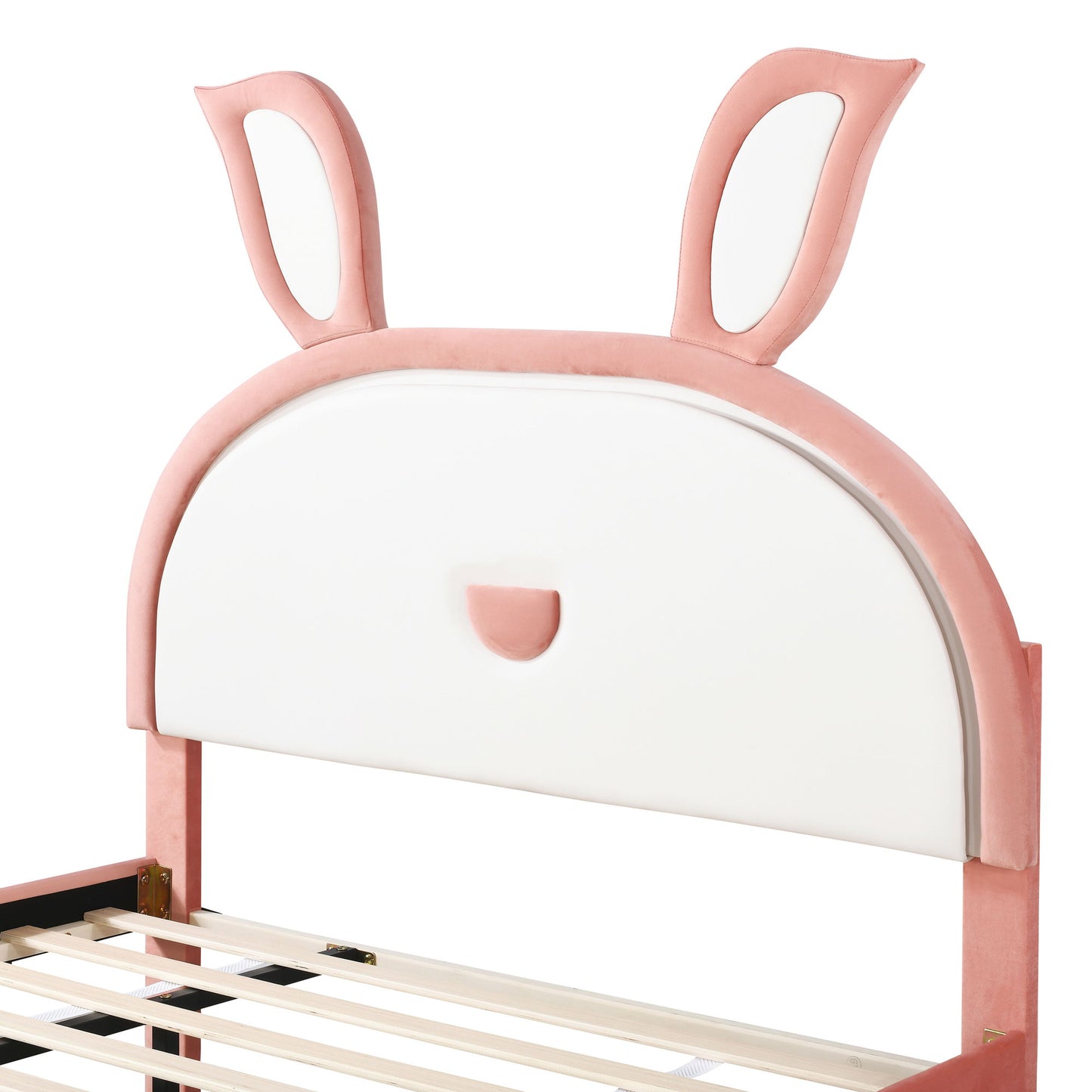 Full Size Upholstered Platform Bed With Trundle And 3 Drawers, Rabbit-Shaped Headboard With Embedded LED Lights - Pink
