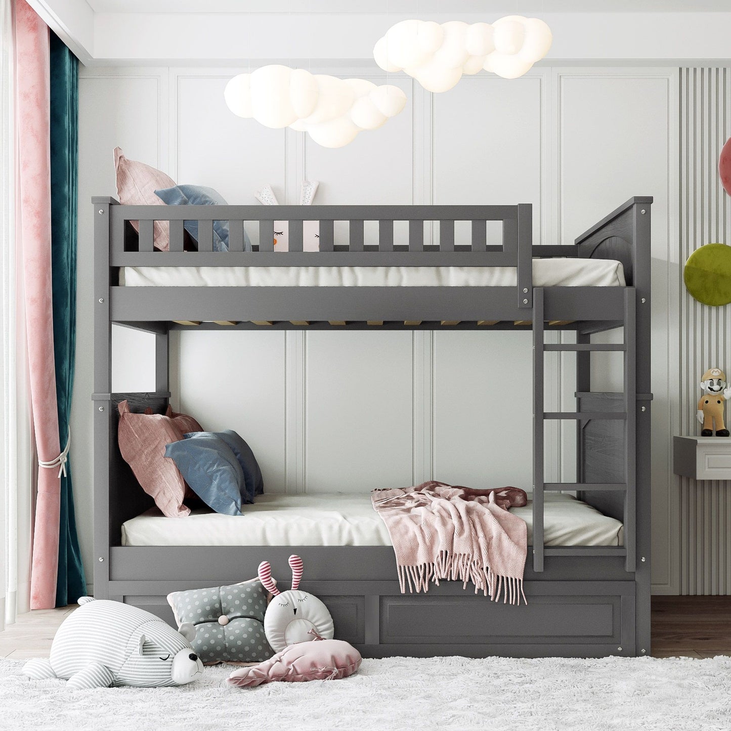 Full Over Full Bunk Bed With Twin Size Trundle, Guardrails - Brushed Gray