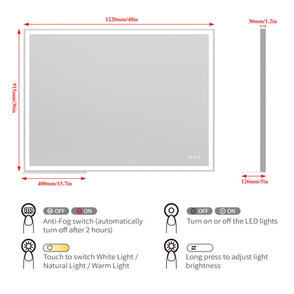 LED Bathroom Vanity Mirror Wall Mounted, Adjustable White / Warm / Natural Lights Anti-Fog Touch Switch With Memory Modern Smart Large Bathroom Mirrors - Silver