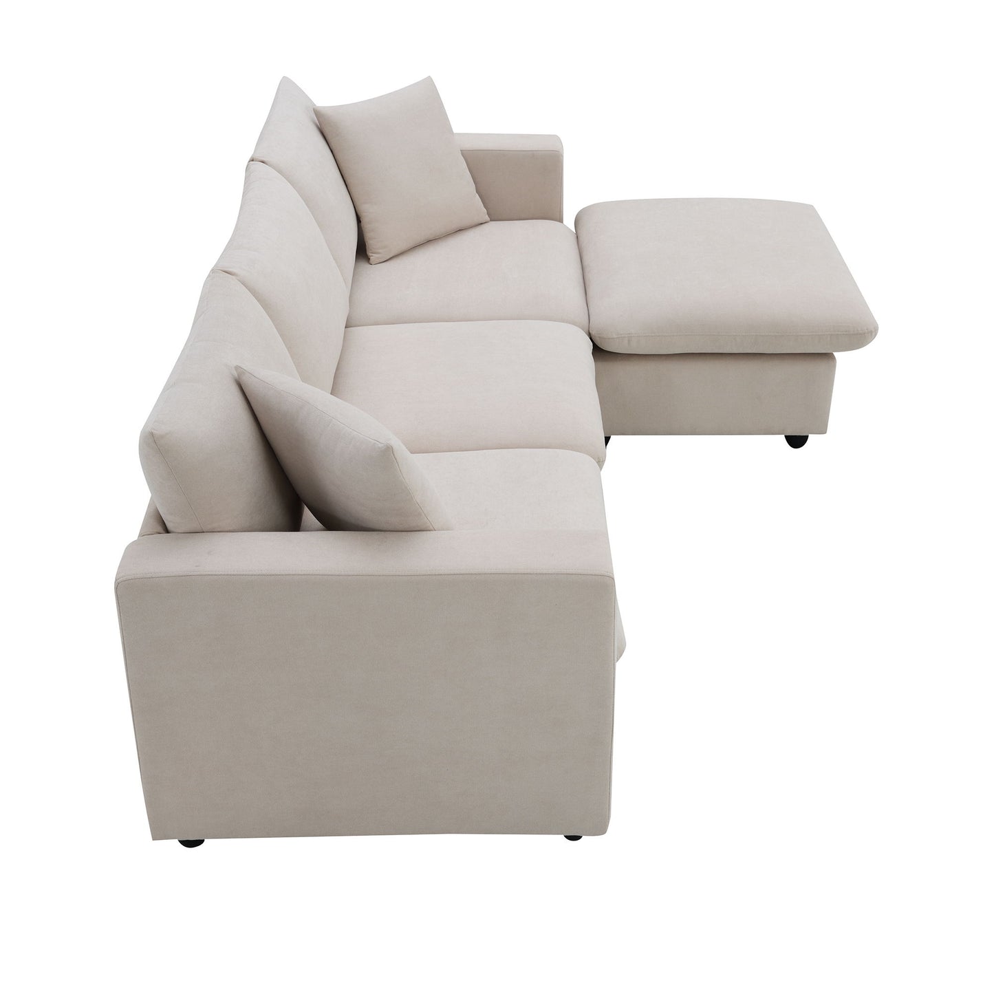 Modern Sectional Sofa With Throw Pillows, Cloud L Shaped Couch Set With Wide 4 Seat Comfy Couch Set With Movable Ottoman - Beige