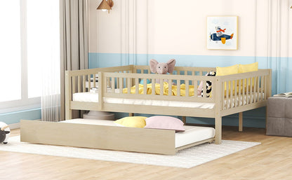 Full Size Daybed With Trundle And Fence Guardrails - Natural
