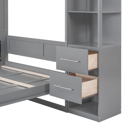 Queen Size Murphy Wall Bed With Shelves, Drawers And LED Lights - Gray