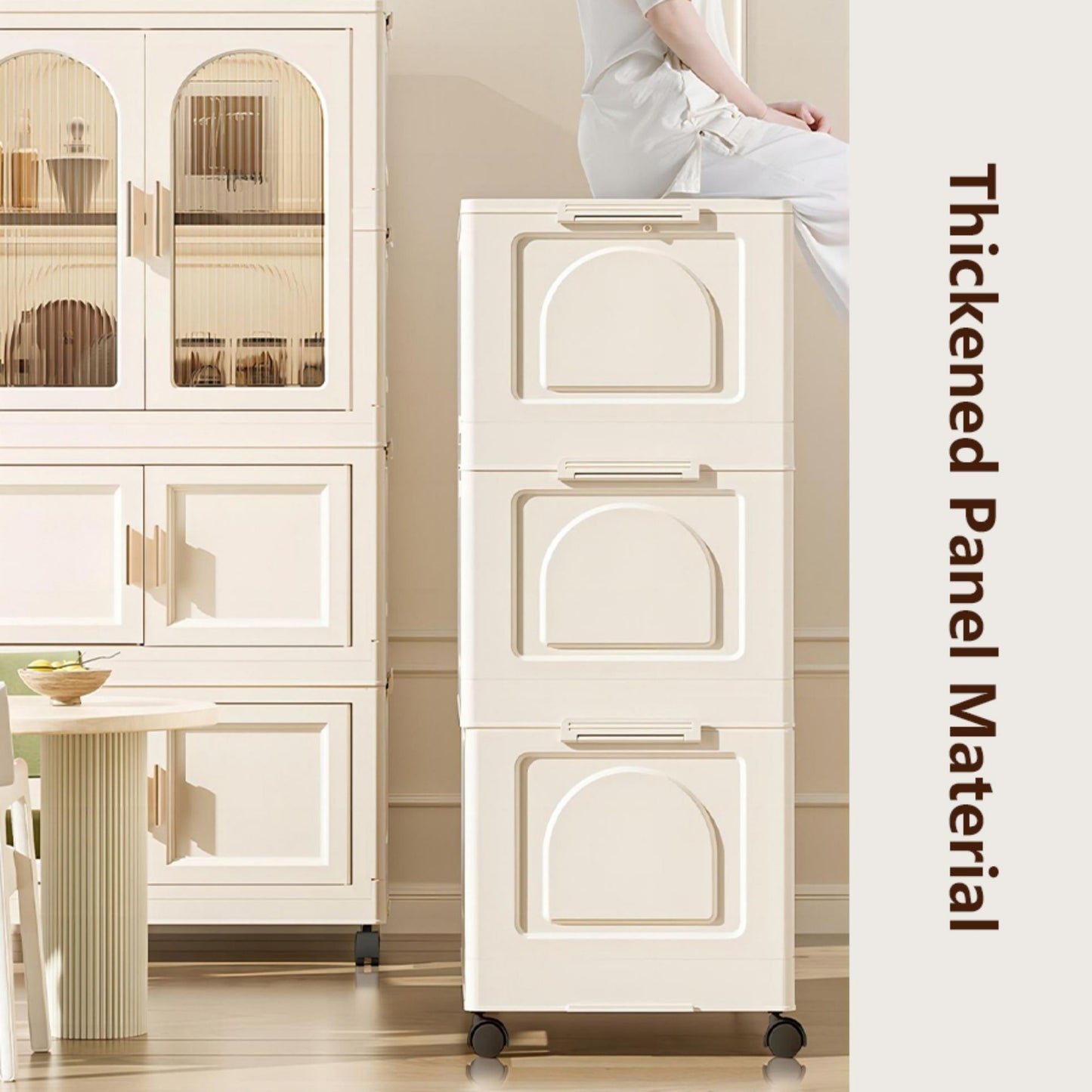 Folding Wardrobe Cabinet Wide White Plastic With Magnetic Doors, Wheels, And 10 Hangers - Cream White