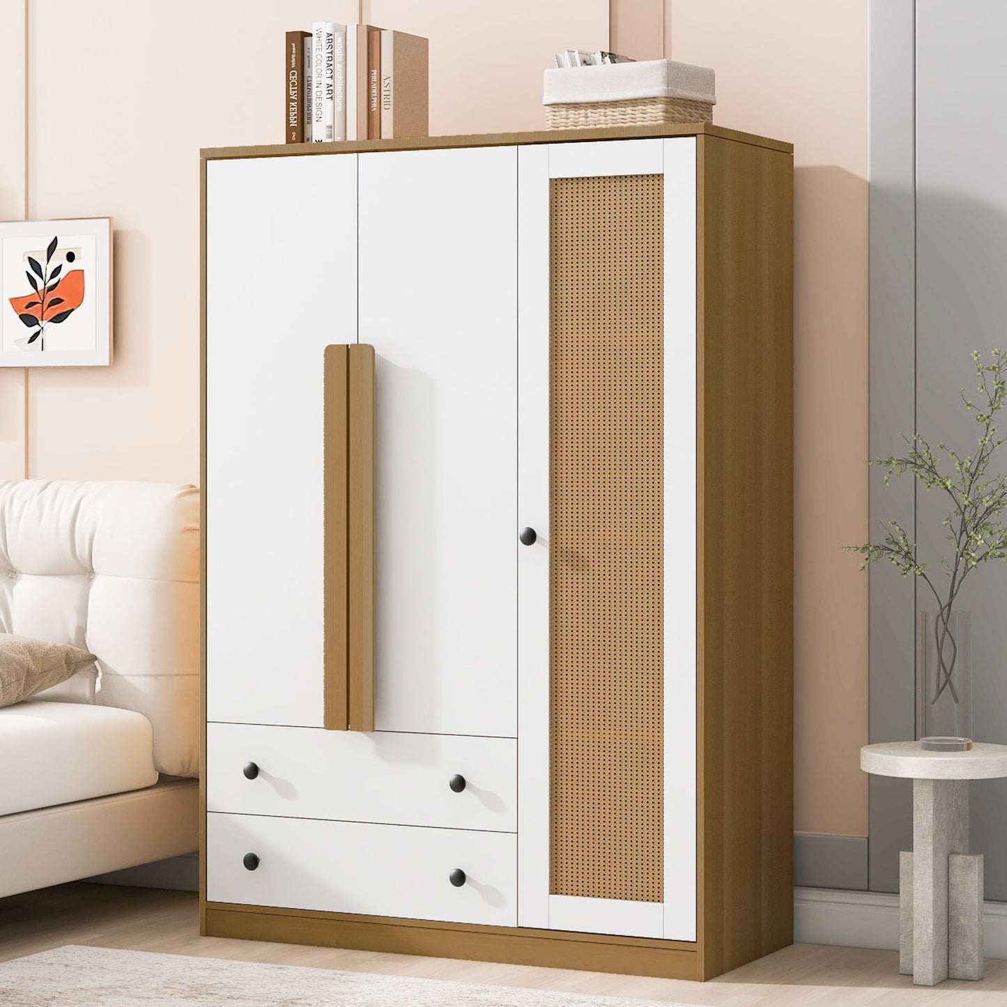 3 Doors Rattan Wardrobe Storage For Bedroom, With 2 Drawers - White / Nature