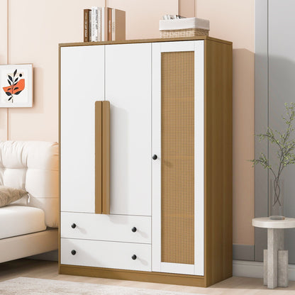 3 Doors Rattan Wardrobe Storage For Bedroom, With 2 Drawers - White / Nature