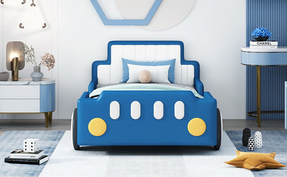 Twin Size Race Car Shaped Platform Bed & Wheels - Blue