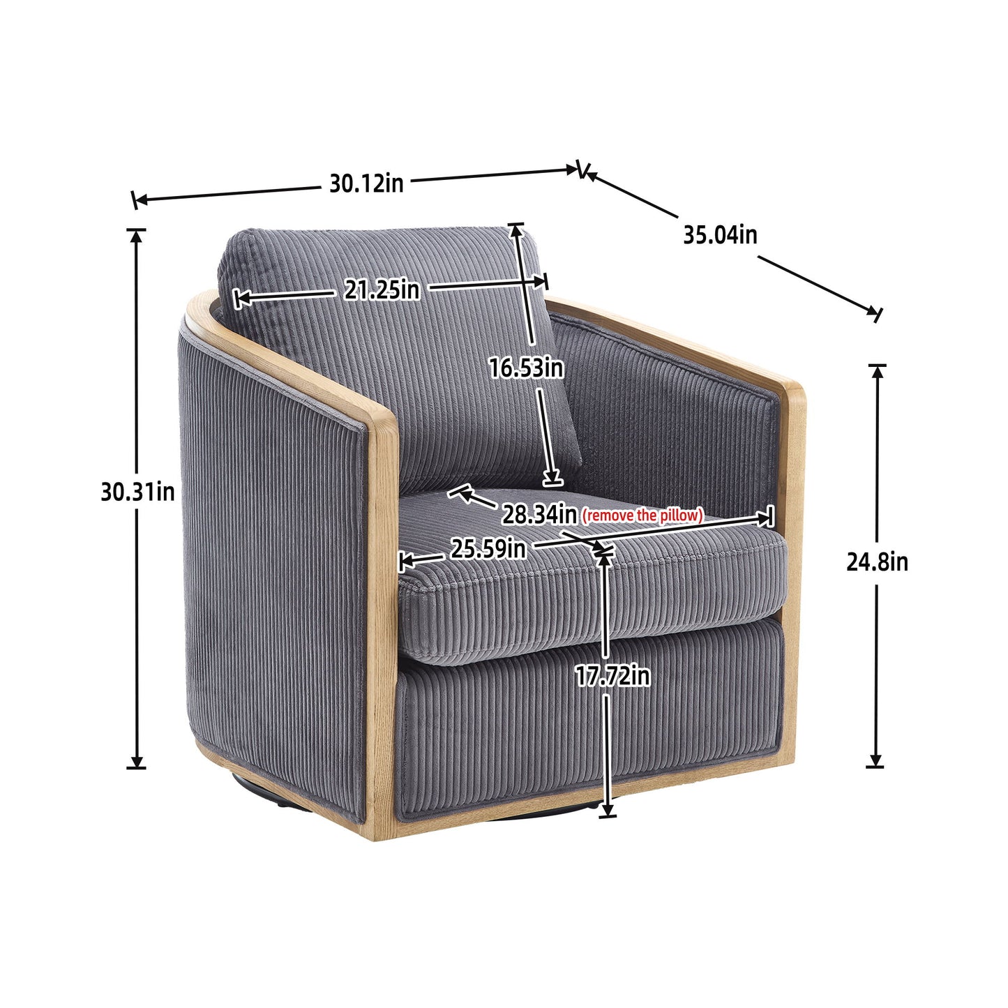 Corduroy Swivel Barrel Chair, Comfortable Accent Sofa, 360 Degree Swivel - Dark Gray