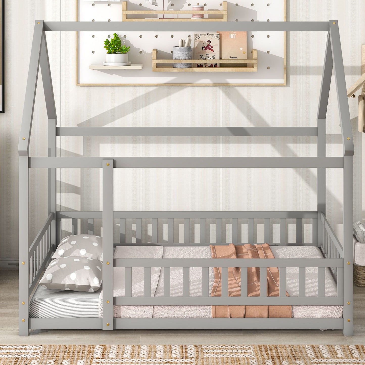 Full Size Floor Wooden Bed With House Roof Frame, Fence Guardrails - Gray