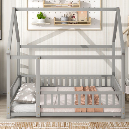 Full Size Floor Wooden Bed With House Roof Frame, Fence Guardrails - Gray