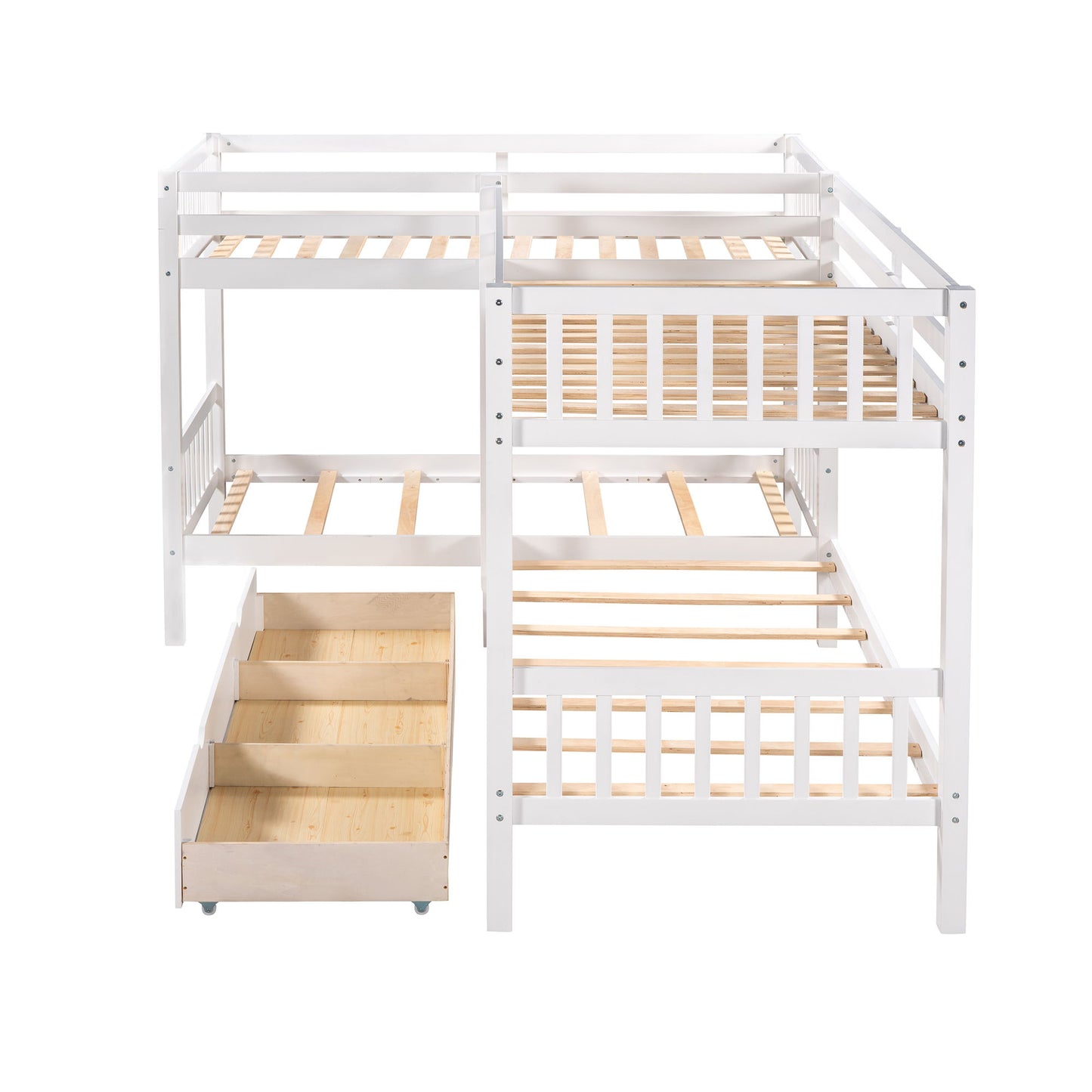 Twin L Shaped Bunk Bed With Drawers - White