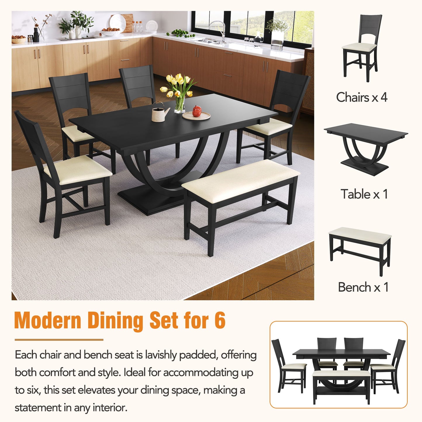 Topmax - 6 Piece Wood Half Round Dining Table Set Kitchen Table Set With Long Bench And 4 Dining Chairs, Modern Style - Gray