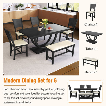Topmax - 6 Piece Wood Half Round Dining Table Set Kitchen Table Set With Long Bench And 4 Dining Chairs, Modern Style - Gray