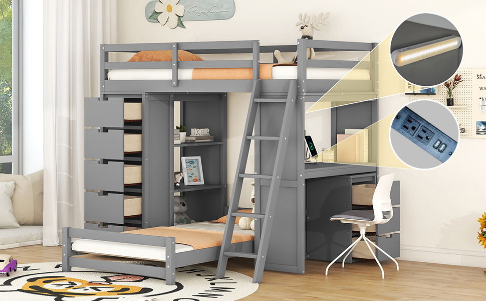 Twin Over Twin Bunk Bed With LED Light And USB Ports - Gray