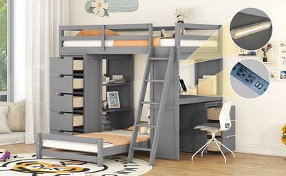 Twin Over Twin Bunk Bed With LED Light And USB Ports - Gray