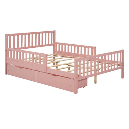 Full Size Platform Bed With Guardrails On Both Sides And 2 Storage Drawers - Pink