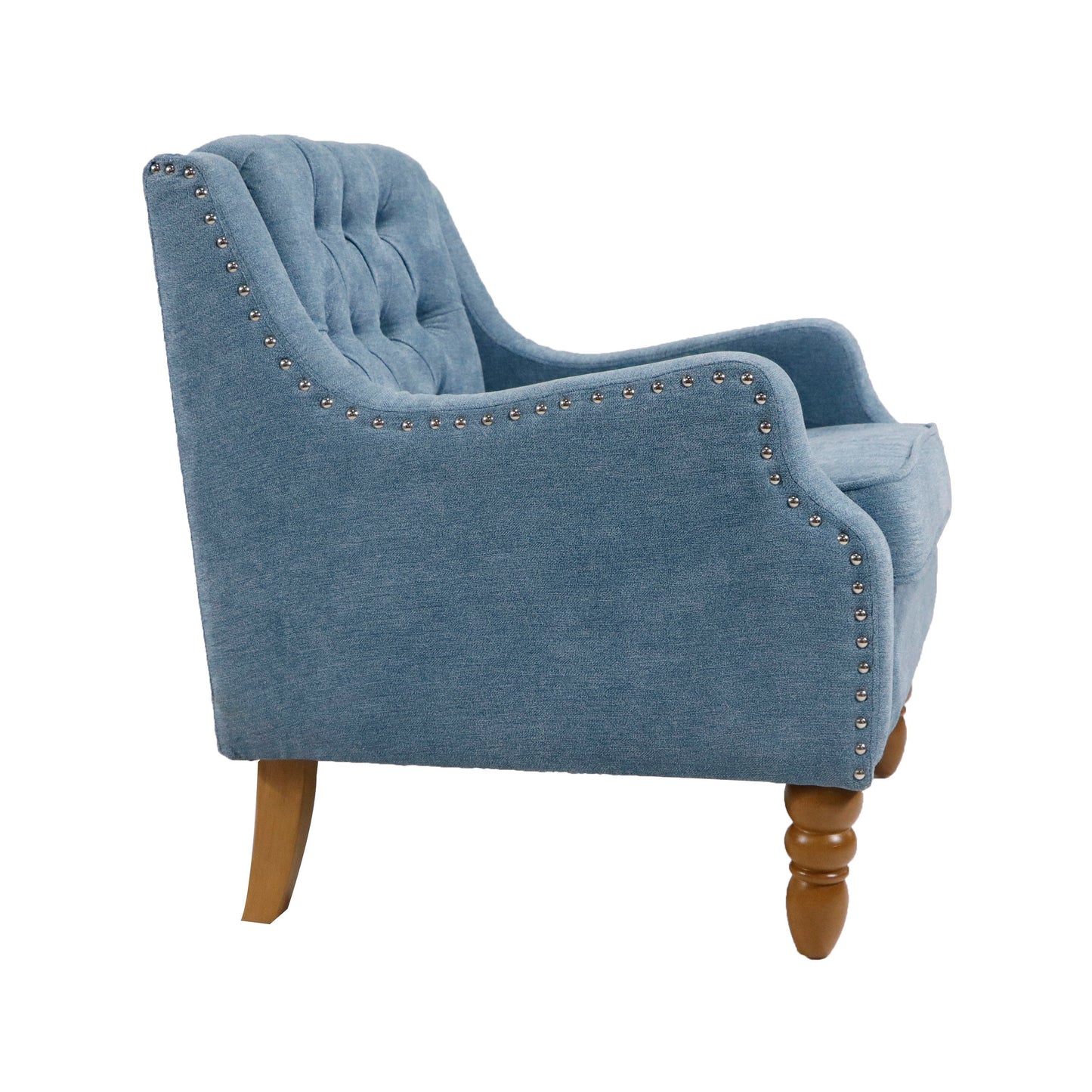 Accent Chair, Living Room Chair, Footrest Chair Set With Vintage Brass Studs, Button Tufted Upholstered Armchair For Living Room, Comfy Reading Chair For Bedroom, Reception Room - Blue