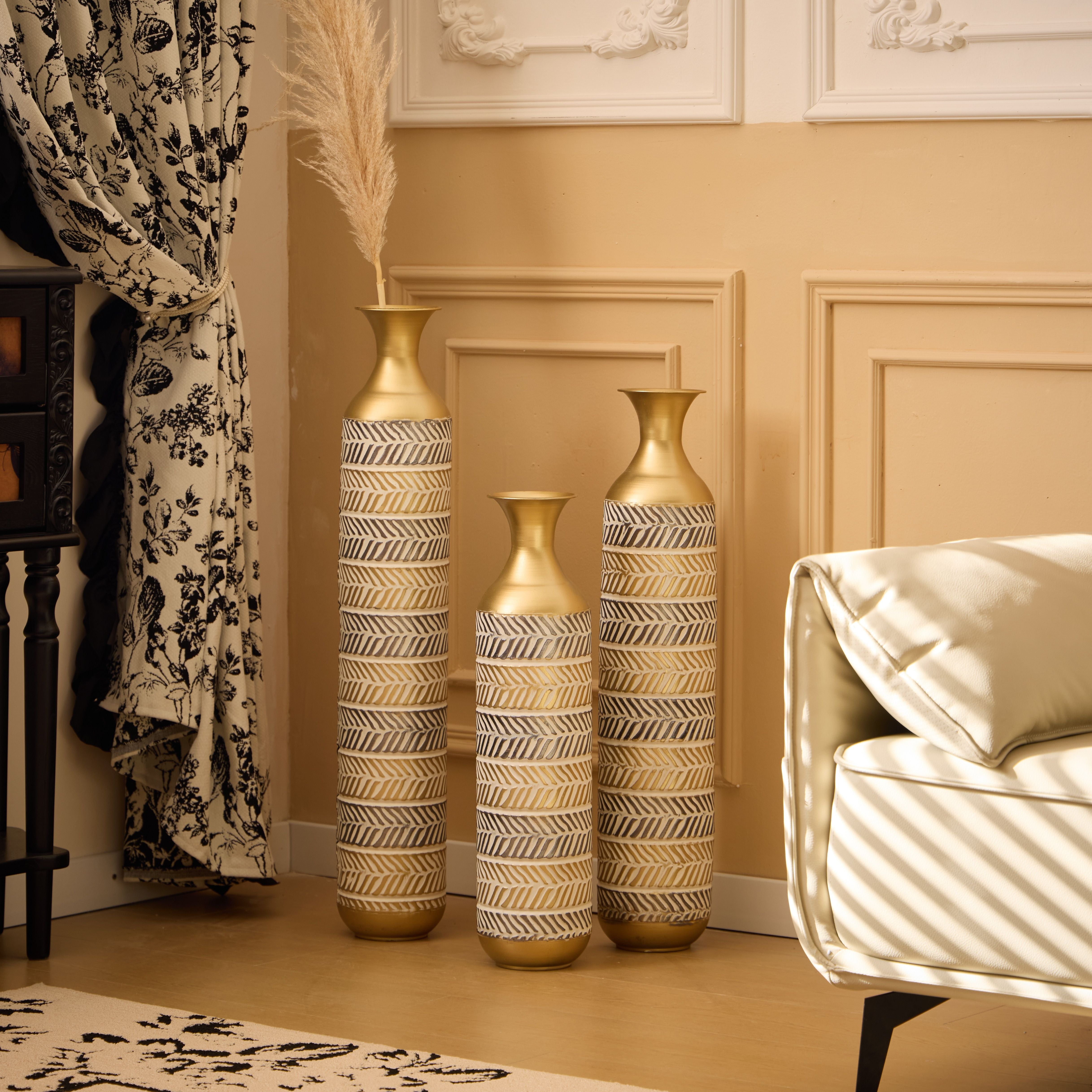 High Floor Vase Flowers Oversized Floor Vase (Set of 3) Large Metal Glazed Vases Pampas Prairie Twigs Vintage Oversized Vases Living Room Bedroom Family Farmhouse - Blue / Gold