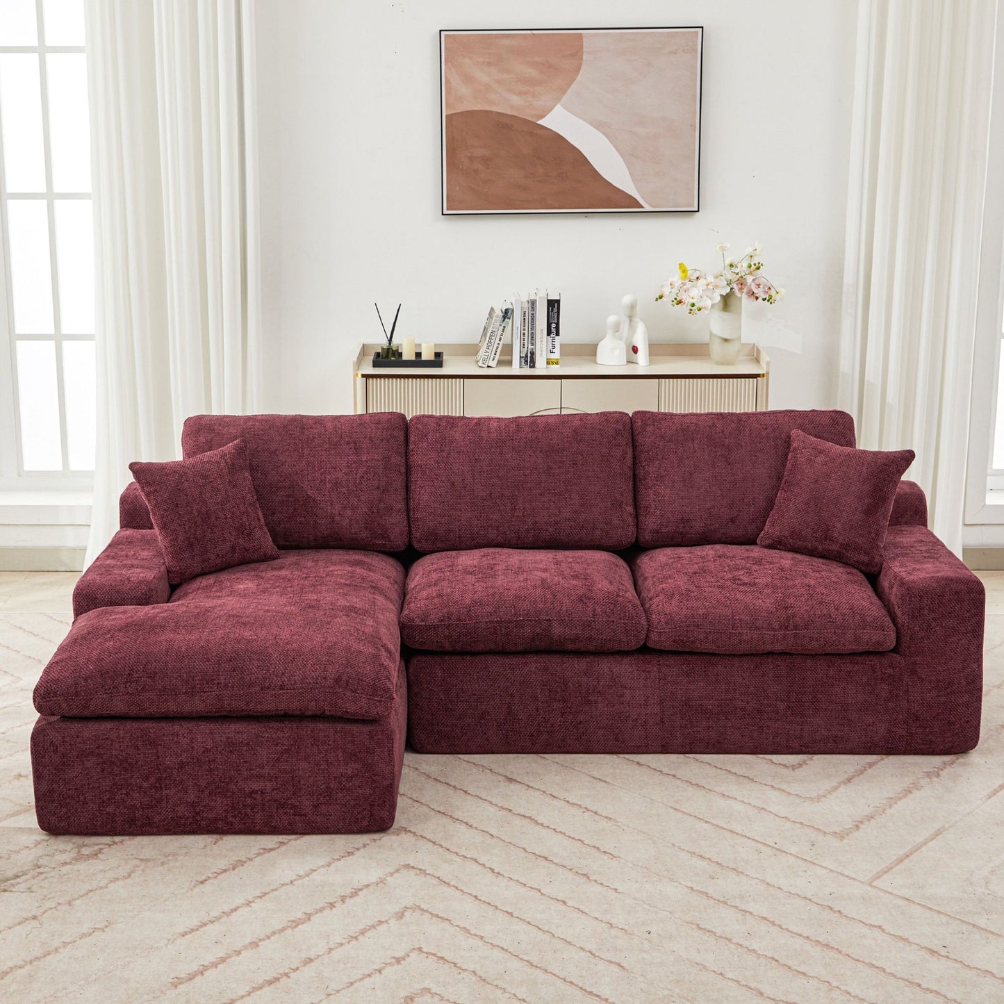Cloud Sectional Sofa Upholstered Sofa Couch With Double-Layer Cushion And Side Pockets - Red
